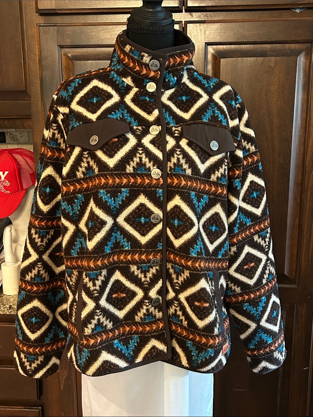 Powder River Sz XL Snap Front Tribal Fleece Jacket Brown/Turquoise